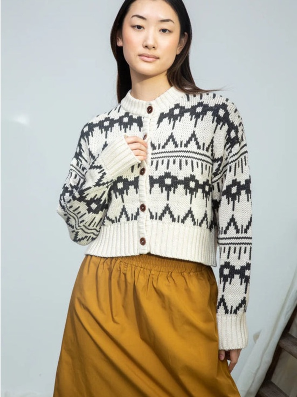 BNWT Beaumont Organic Cotton Ivory and Black Fair Isle Cropped Knit Cardigan